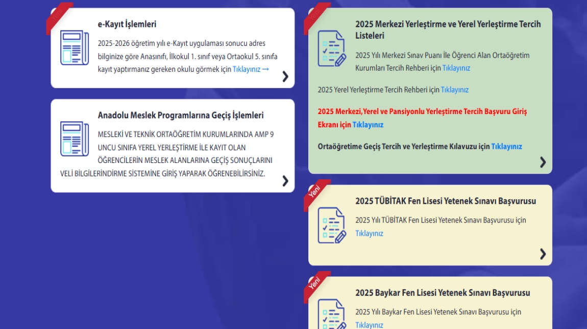 Ortaöğretime Geçiş Tercih ve Yerleştirme Ekranı